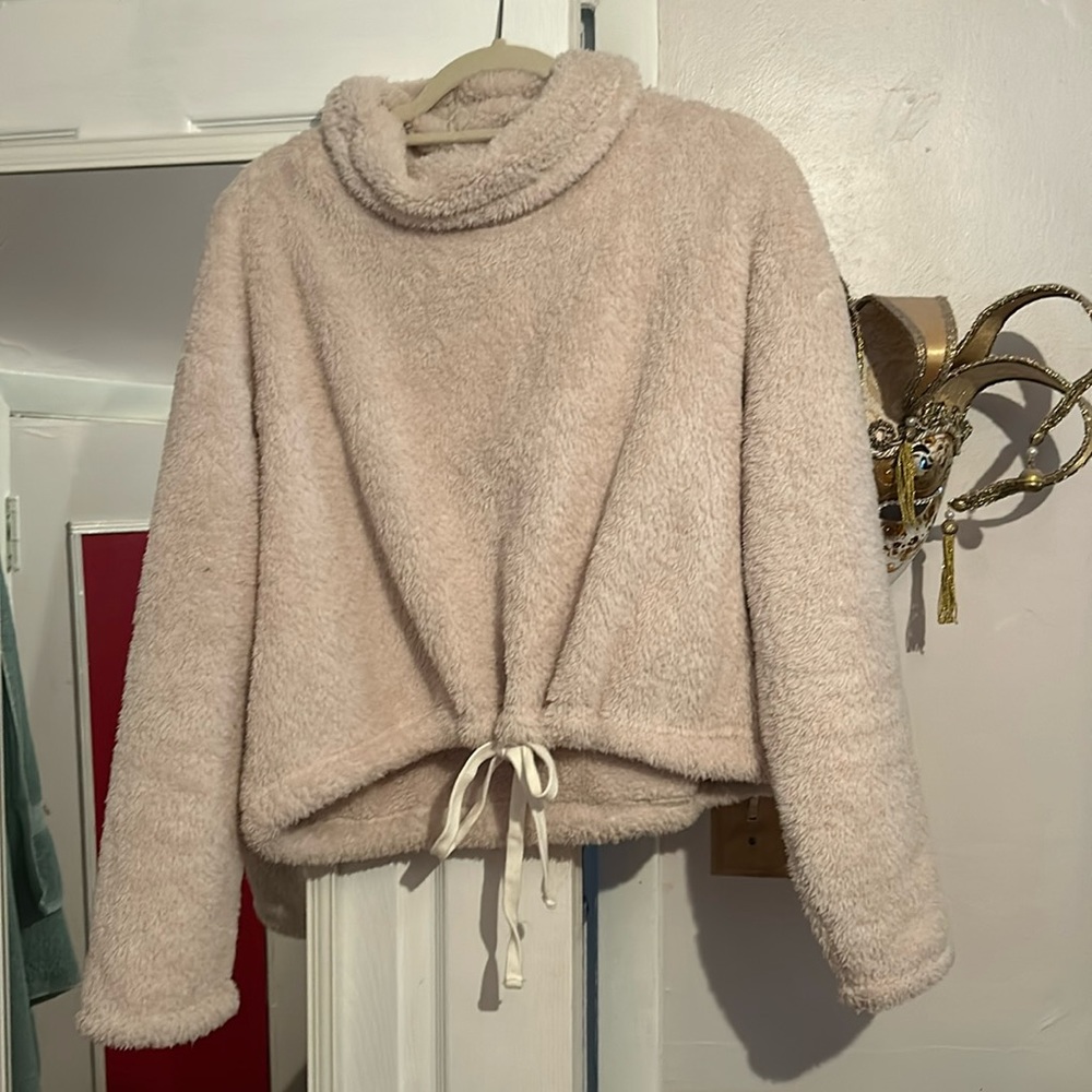 Size L, cream color BCBGeneration fuzzy sweater with adjustable tie